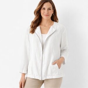 Chicos Women’s 100% Linen Jacket White 3/XL Zip Up 3/4 Sleeve Lightweight Layer